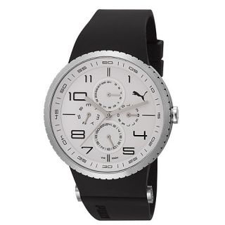 Puma Mens stainless steel multi function watch with white dial and black strap