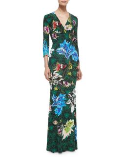 Roberto Cavalli 3/4 Sleeve Floral Print Jersey Gown