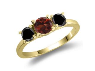 1.14 Ct Round Red Garnet Black Diamond 18K Yellow Gold 3 Stone Ring 