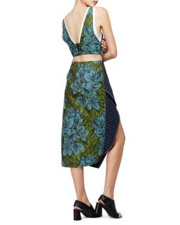 3.1 Phillip Lim Sleeveless Floral Dress w/ Striped Trim, Leaf/Hydro