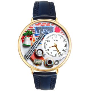 Whimsical Womens Coffee Lover Theme Navy Blue Leather Strap Watch