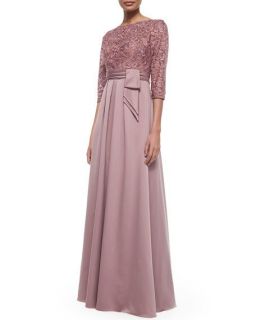 La Femme 3/4 Sleeve Lace Bodice Full Skirt Gown