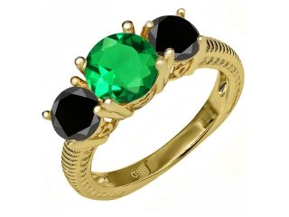 2.32 Ct Green Simulated Emerald Black Diamond 18K Yellow Gold Plated Silver Ring 