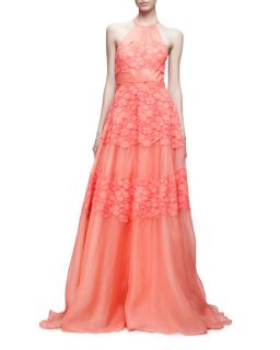 Lela Rose Halter Neck Floral Corded Gown, Pink/Multi