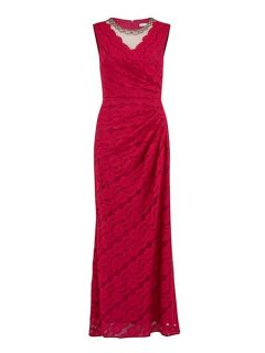 Gina Bacconi Beaded scallop stretch lace long dress Red