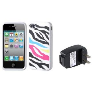 Insten Rainbow Zebra/White Pastel Case Cover For iPhone 4 4S + USB Travel Charger