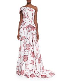 Carolina Herrera One Shoulder Carnation Fil Coupe Gown, Red Rose/White