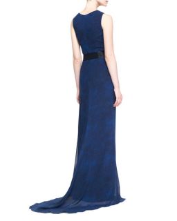 Carolina Herrera Sleeveless Silk Wrap Gown with Tie, Cobalt/Black