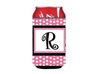 Letter R Initial Monogram   Pink Black Polka Dots Can or Bottle Beverage Insulator Hugger 