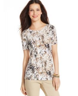 JM Collection Floral Print Jacquard Pleated Neck Tee