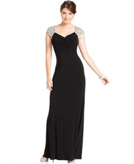 JS Boutique Dress, Cap Sleeve Beaded Pleated Evening Gown