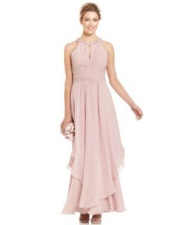 Betsy & Adam Cap Sleeve Embellished Faux Wrap Gown