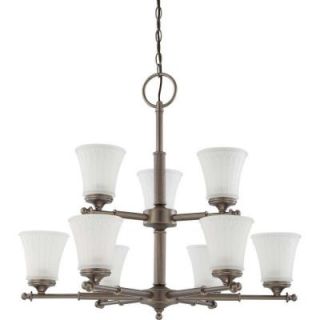 Glomar 9 Light Aged Pewter 2 Tier Chandelier with Frosted Etched Glass Shade HD 4019