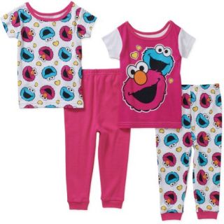 Sesame Street Infant Baby Girl Cotton Tight Fit Short Sleeve PJs, 4 Pieces