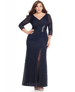 Adrianna Papell Plus Size Three Quarter Sleeve Ruched Gown   Dresses