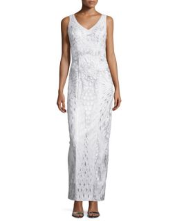 Sue Wong Sleeveless Embroidered Column Gown, White