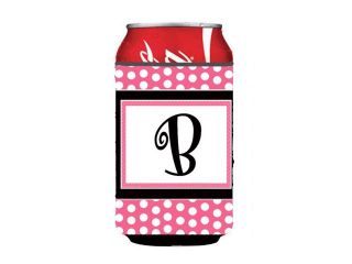 Letter B Initial Monogram   Pink Black Polka Dots Can or Bottle Beverage Insulator Hugger