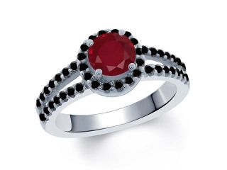 1.55 Ct Round Red Ruby Black Diamond 18K White Gold Ring