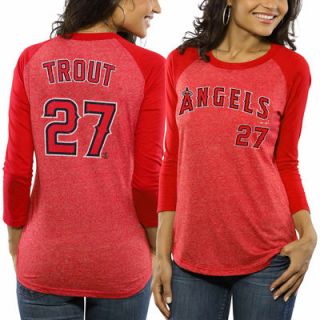 Mike Trout Los Angeles Angels of Anaheim Majestic Threads Womens Name & Number Tri Blend Three Quarter Length Raglan T Shirt   Red