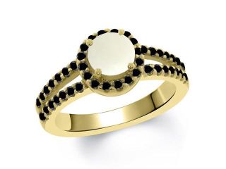 1.15 Ct Round Cabouchon White Opal Black Diamond 14K Yellow Gold Ring