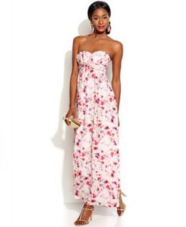 Jessica Simpson Strapless Floral Print Ruched Gown