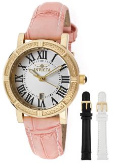 Women's Wildflower Pink Genuine Leather Silver Tone Dial 18K GP SS